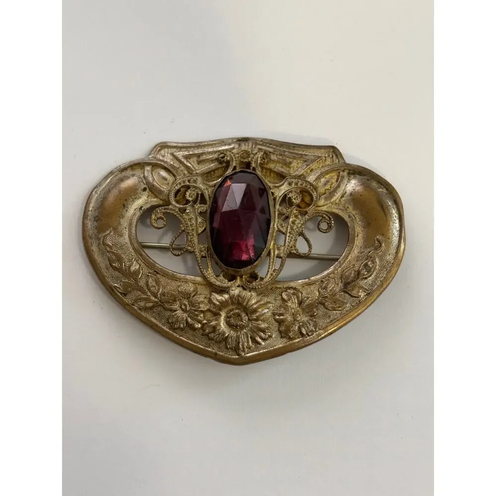 Vintage Antique Art Nouveau Brooch Amethyst Glass Large